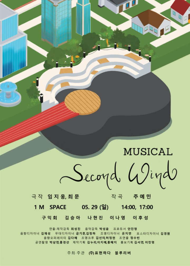 An announcement poster for a performance of the musical “Secend Wind,” which was designed by PHconlab. The top of the poster depicts a guitar-shaped building, with several buildings arranged around it.