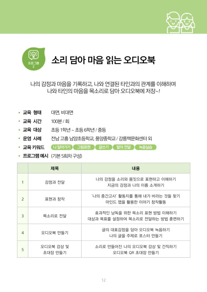 아동 및 청소년을 대상으로 하는 '소리 담아 마음 읽는 오디오북' 문화예술교육 프로그램의 정보 포스터. 이 프로그램은 나의 감정과 마음을 기록하고, 나와 연결된 타인과의 관계를 이해하며 찾게 된 마음을 목소리로 담아 표현하는 교육으로 진행됩니다.