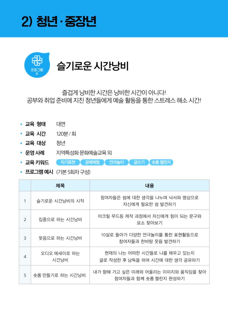 청년 중장년 대상으로 하는 '슬기로운 시간낭비' 교육 프로그램의 정보 포스터. 프로그램은 공부와 취업 준비에 지친 청년들에게 예술 활동을 통한 스트레스 해소와 함께 또래 청년들과 소통의 시간을 만드는 교육으로 진행됩니다.