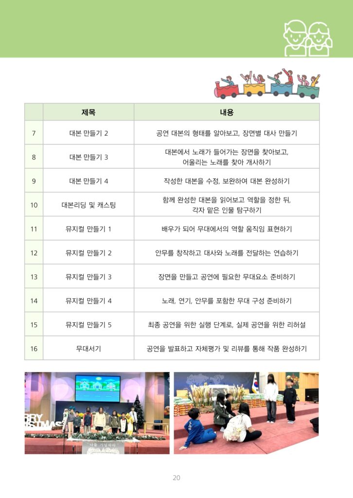 이 이미지는 아동 및 청소년을 위한 "우리들의 뮤지컬 "라는 문화예술교육 프로그램 활동 안내 및 사진 모음입니다. 참여자들이 즐겁게 교육에 임하는 모습이 담겨 있습니다.