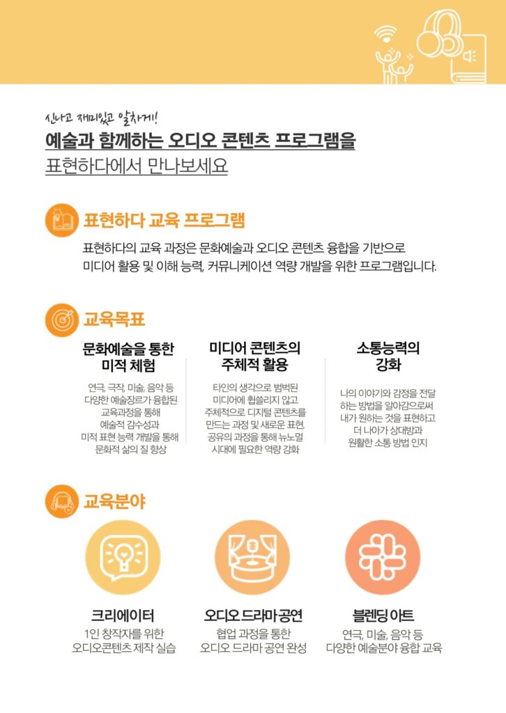 문화예술과 오디오 콘텐츠 융합 표현하다 교육 프로그램 안내 이미지. 교육분야로는 크리에이터, 오디오 드라마 공연, 블렌딩 아트가 있다.